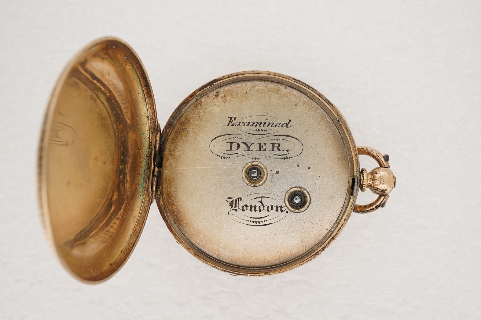 A 1930's Swiss 9ct gold rectangular cased jump hour digital manual wind wrist watch, case diameter 21mm, no strap, together with a continental engraved 14k gold open face keywind fob watch, with Roman dial, case diameter